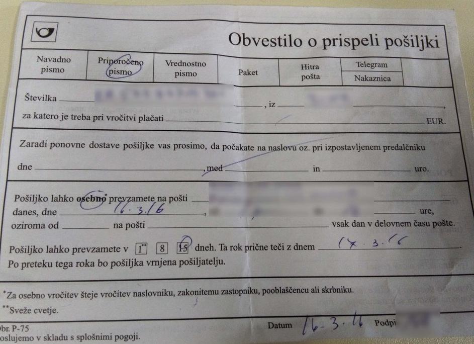 Obvestilo o priporočenem pismu