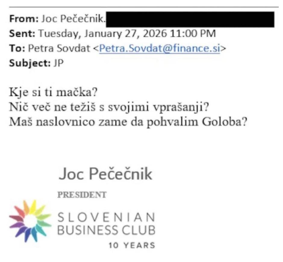 Sporočilo Pečečnika novinarki Financ | Avtor: Facebook