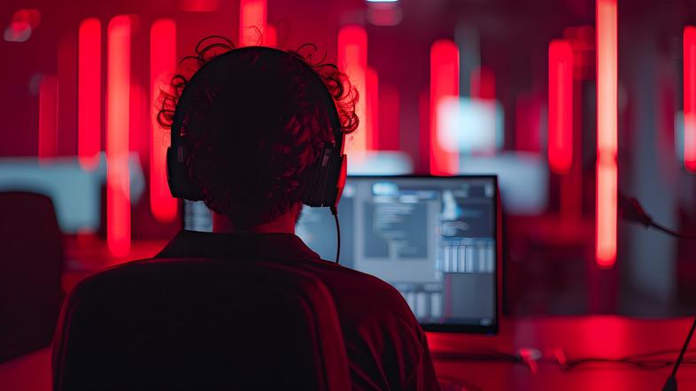 moški s slušalkami sedi za računalnikom