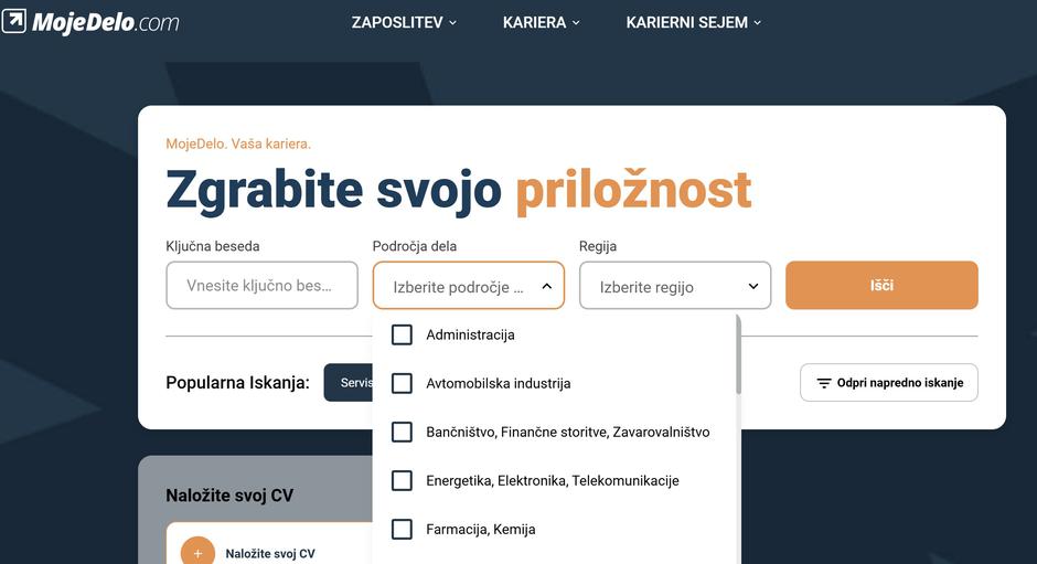 Mojedelo.com vstopna stran iskanje službe | Avtor: Zajem zaslona