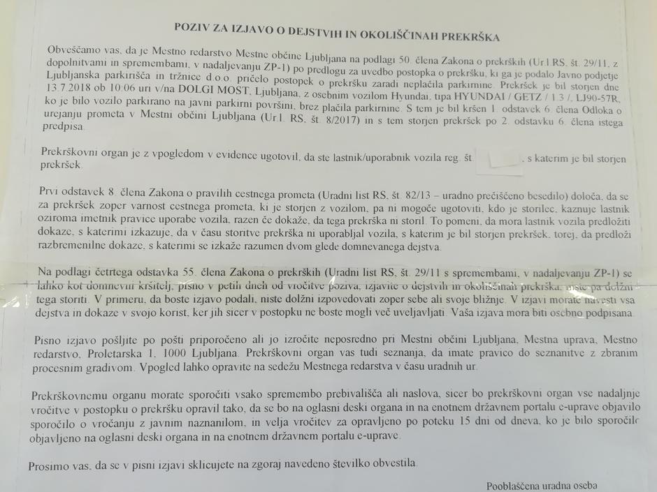 Poziv za izjavo o dejstvih in okoliščinah prekrška | Avtor: Žurnal24 