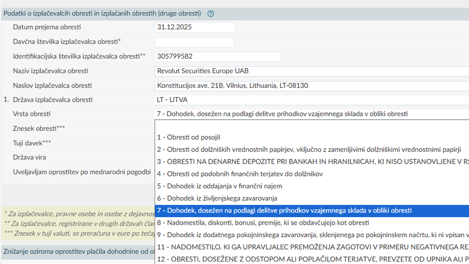 Napoved dohodnine od obresti | Avtor: slika zaslona