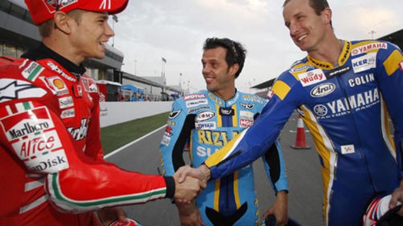 Casey Stoner, Loris Capirossi in Colin Edwards na stezi v Dohi.