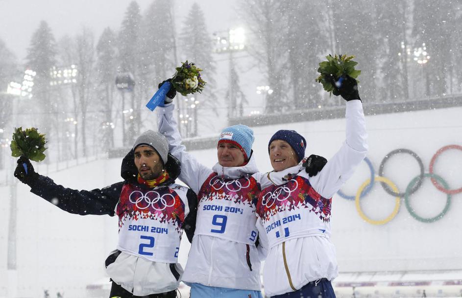 Fourcade Svendsen Moravec moški biatlon 15 km skupinski start Soči 2014