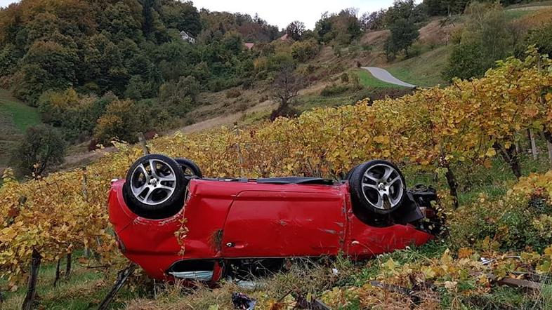 Prevrnjen avto v vinogradu