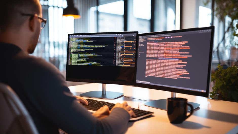 Programer dela na računalniku s šalico na mizi | Avtor: Profimedia