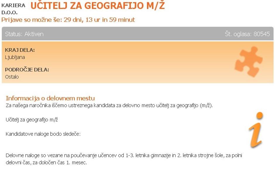 Oglas za učitelja geografije | Avtor: zurnal24.si