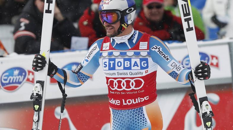 Aksel Lund Svindal po zmagi na superveleslalomu v Lake Louisu