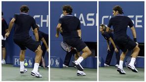 Takole je Roger Federer žogico zadel med nogama in osvojil točko. (Foto: Reuters