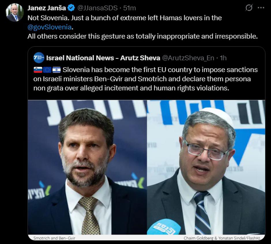 odziv Janeza Janše na odločitev vlade o izraelskih ministrih | Avtor: zajem zaslona