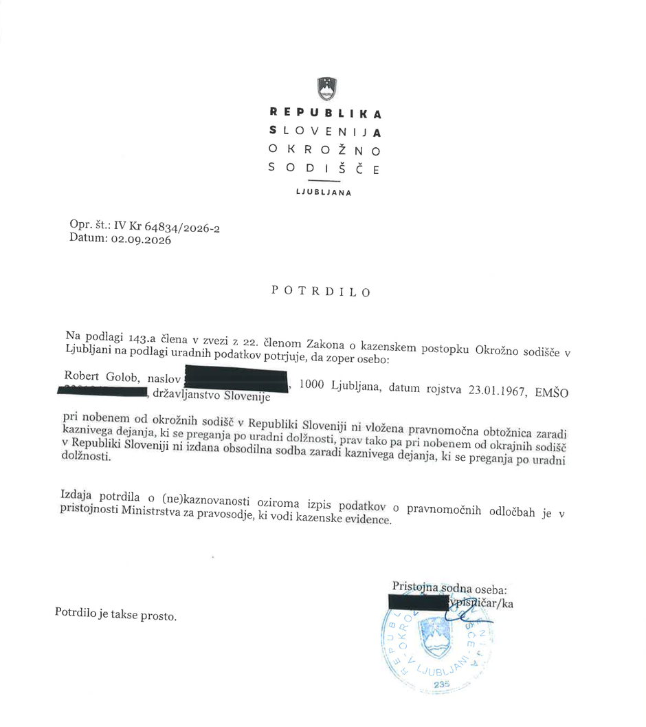 potrdilo o nekaznovanosti Robert Golob | Avtor: zajem zaslona