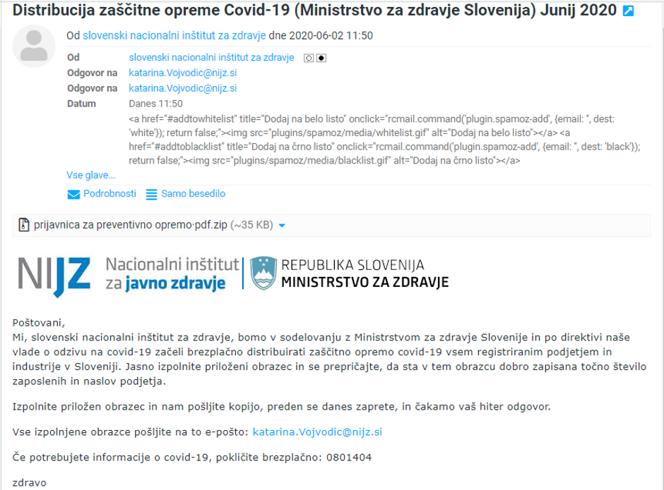 Sporočilo s škodljivo priponko | Avtor: SI-CERT na Twitterju