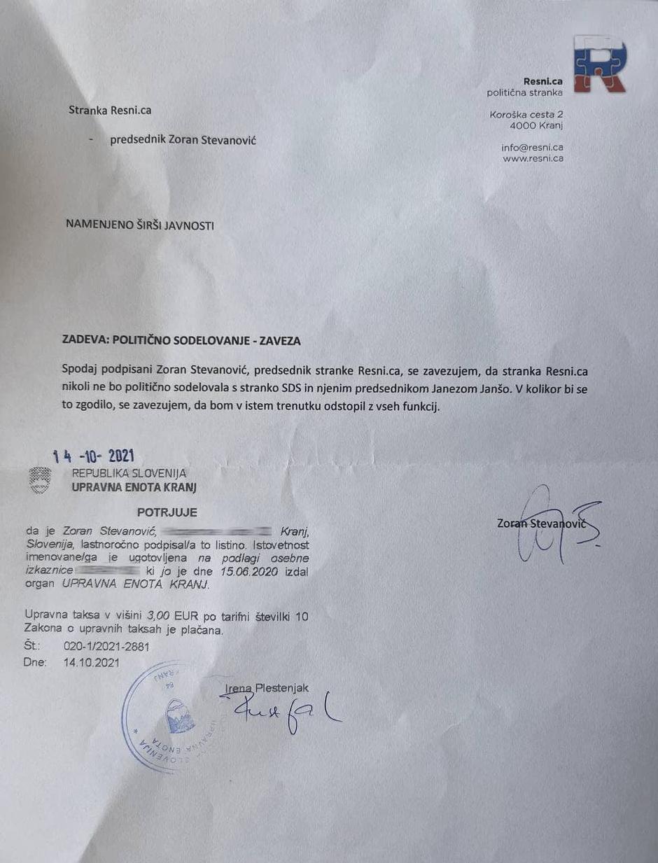 Resnica, izjava, overjena na EU, nesodelovanje, janša | Avtor: Facebook