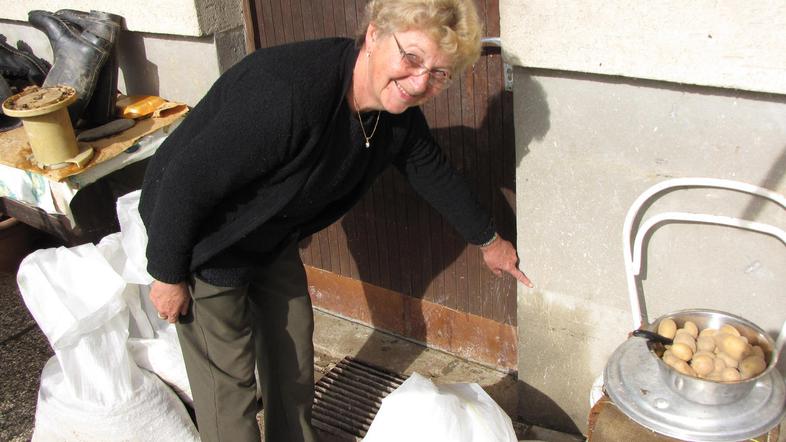 Irena Beovič kaže rob, ki ga je za seboj pustila poplavna voda. V najnižjem delu