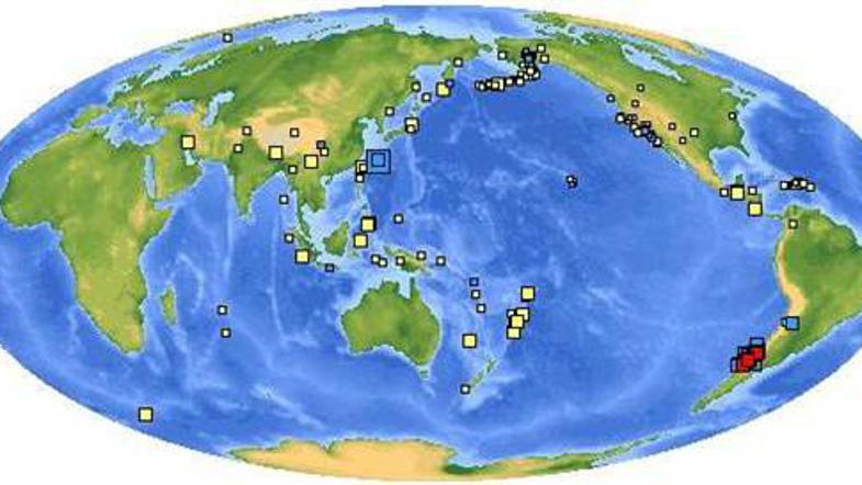 Zemljevid potresov prikazuje potrese, ki so se zgodili v zadnjih sedmih dnevih. 