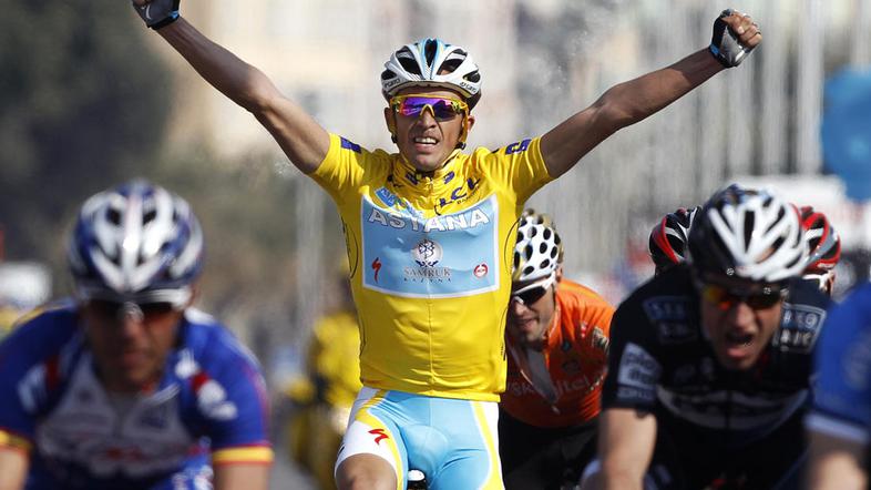 Alberto Contador ob prihodu v cilj zadnje etape dirke Pariz-Nica. (Foto: Reuters