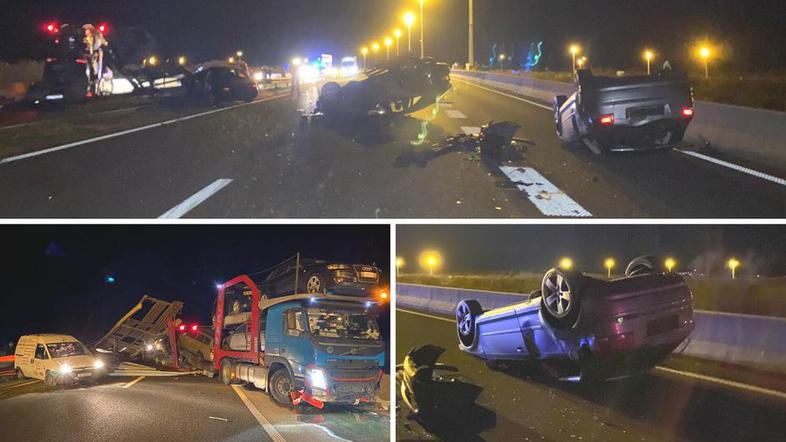 Prometna nesreča, avtomobili padli s tovornjaka