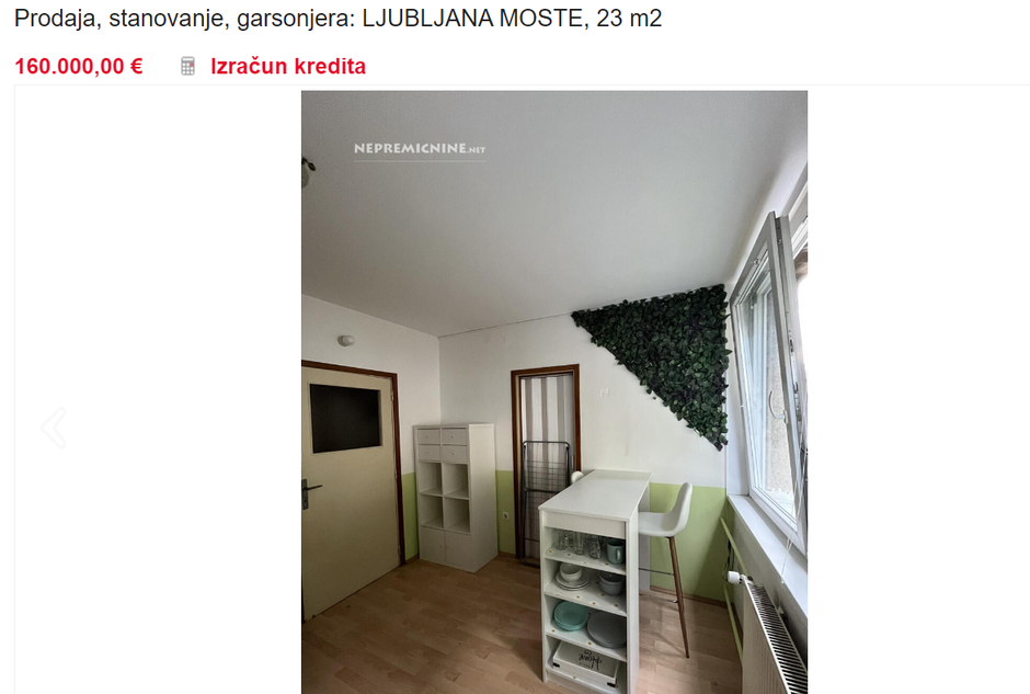 Garsonjera Moste | Avtor: Zajem zaslona/nepremicnine.net