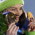 sport 19.02.14. Gold medallist Slovenia's Tina Maze celebrates during the victor