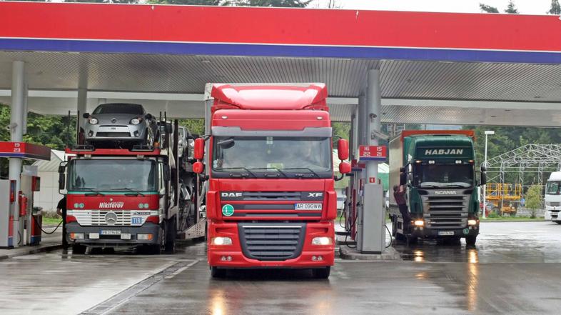 slovenija 05.05.2010 parkirani kamioni na bencinskem servisu, tovornjaki, avtopr