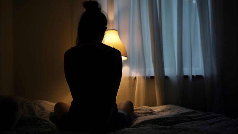 Silhueta ženske, ki sedi na postelji