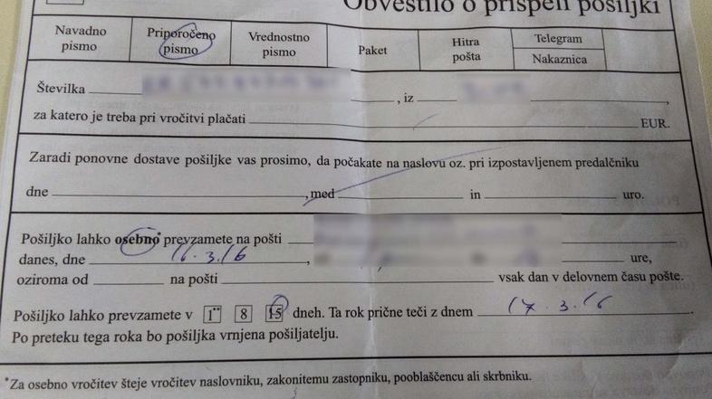 Obvestilo o priporočenem pismu