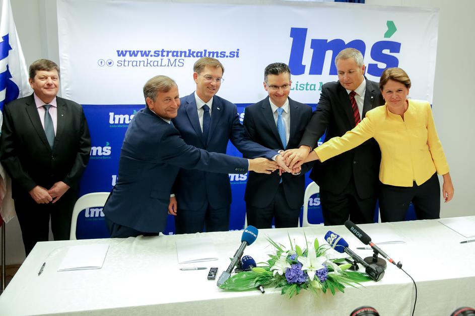 Prvak LMŠ Marjan Šarec, predsednik SD Dejan Židan, prvak SMC Miro Cerar, predsednica SAB Alenka Bratušek in prvak DeSUS Karl Erjavec