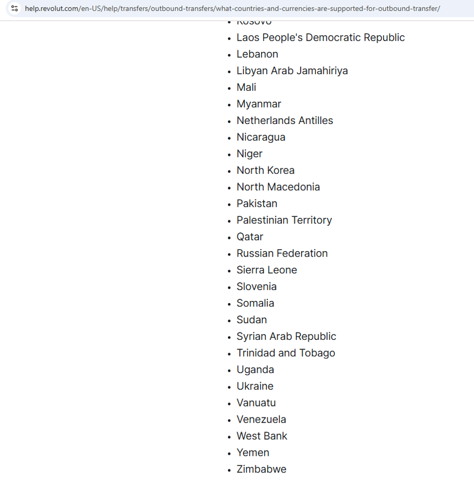 Revolut, seznam držav, v katere ni mogoče pošiljati denarja iz ZDA | Avtor: Revolut