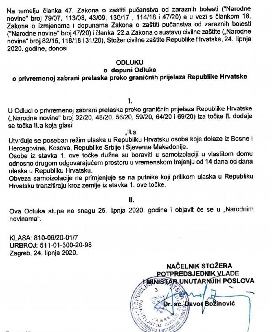Odlok o uvedbi karantene za Bosno | Avtor: slika zaslona
