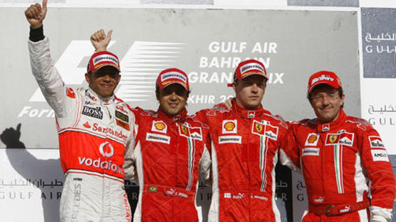 Prvi trije z lanske VN Bahrajna: Lewis Hamilton (2.), Felipe Massa (1.), Kimi Rä