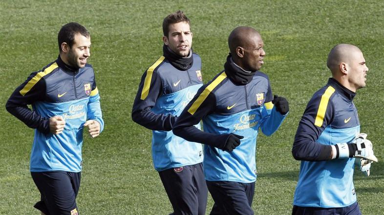 Abidal Valdes Mascherano Alba Barcelona Espanyol odprti trening derbi