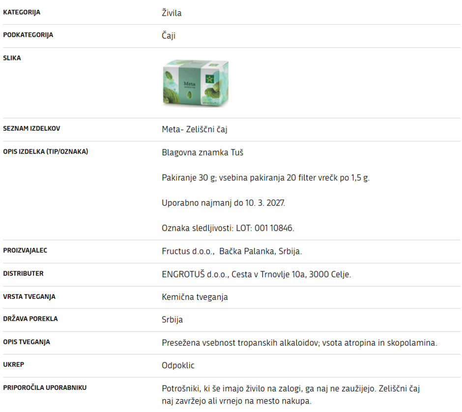 Zeliščni čaj, odpoklic | Avtor: uprava za varno hrano