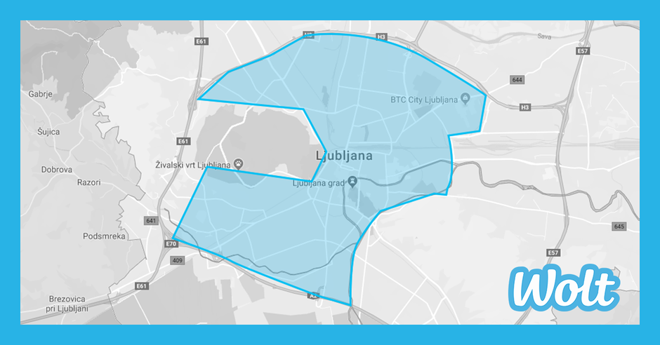 Wolt | Avtor: Trenutno dostavno območje Wolt znotraj ljubljanske obvoznice. / Wolt