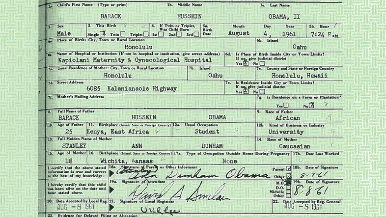 Rojstni list Baracka Obame. (Foto: Reuters)