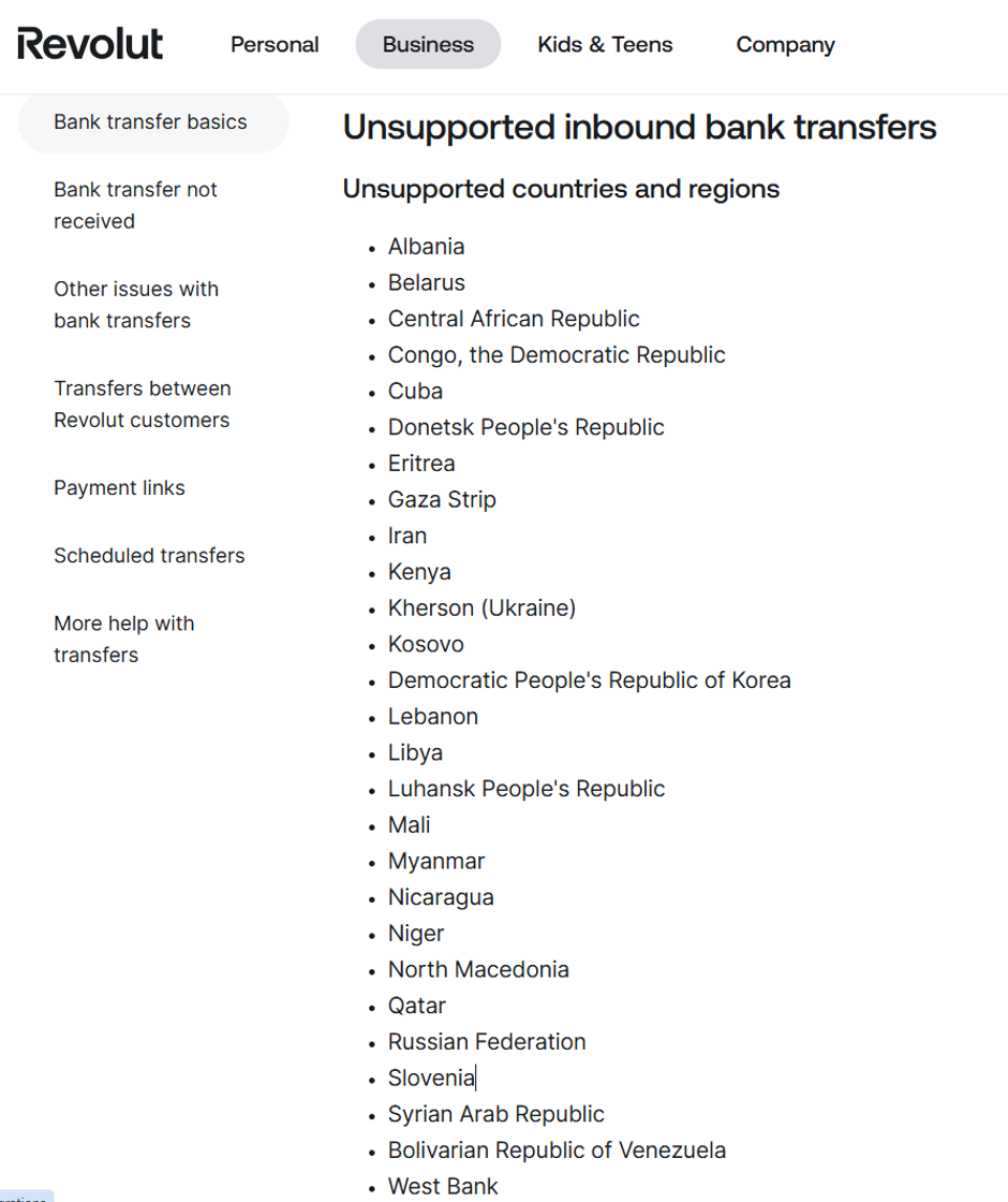 Revolut, seznam držav, iz katerih v ZDA ni mogoče sprejemati nakazil | Avtor: Revolut