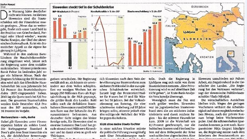 Slovenija se je kot primer države v dolžniški krizi znašla v nemškem časopisu. (