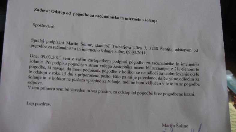 Dopis, ki ga je naš bralec poslal Šoli 2F po tem, ko so ga že opozorili, da je r