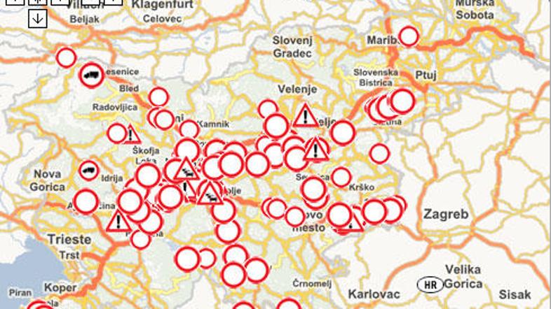 Da so po državi zaprte številne ceste, dokazuje grafični prikaz prometno-informa
