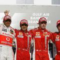 Prvi trije z lanske VN Bahrajna: Lewis Hamilton (2.), Felipe Massa (1.), Kimi Rä
