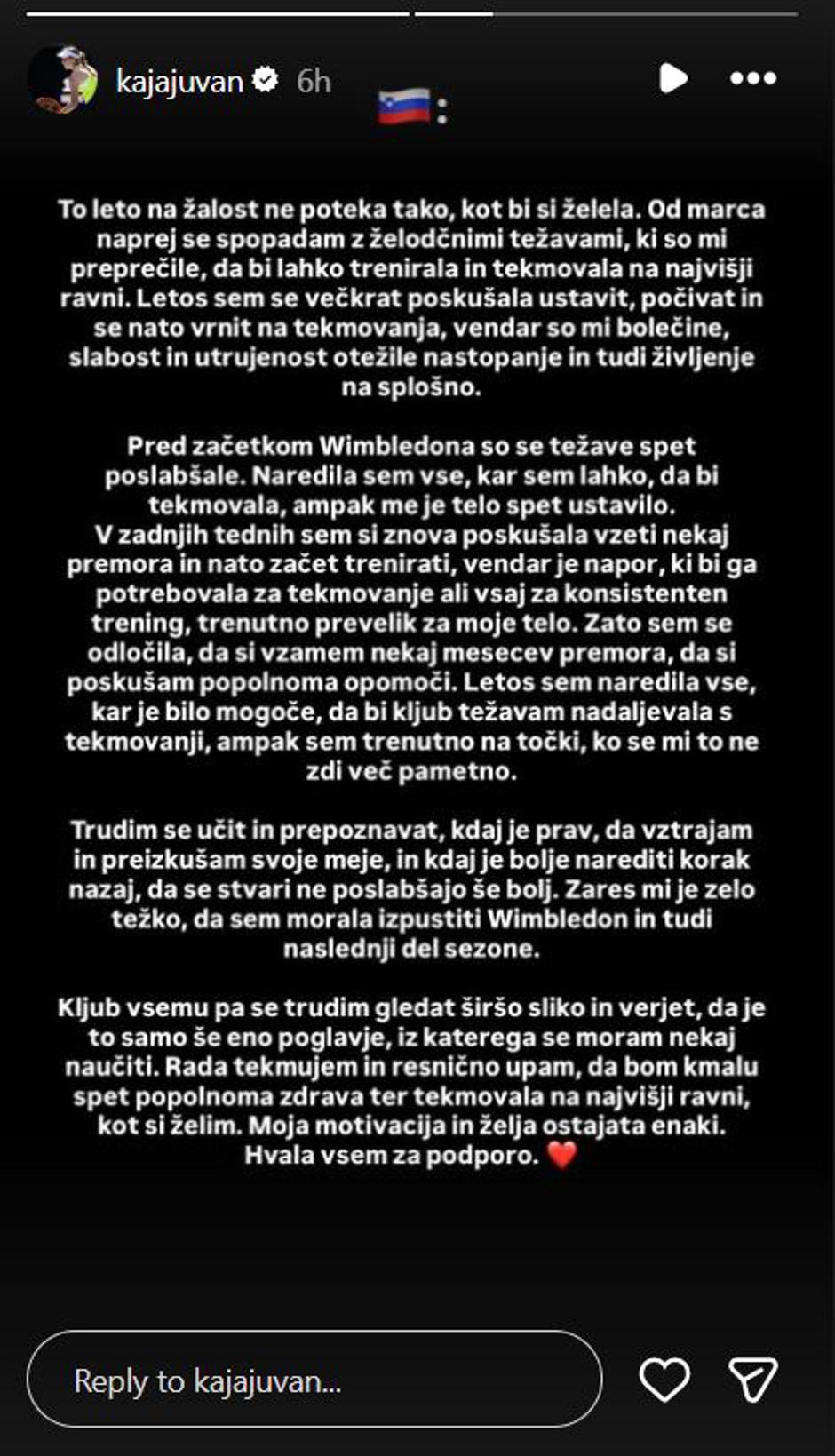 Zapis Kaje Juvan | Avtor: Instagram