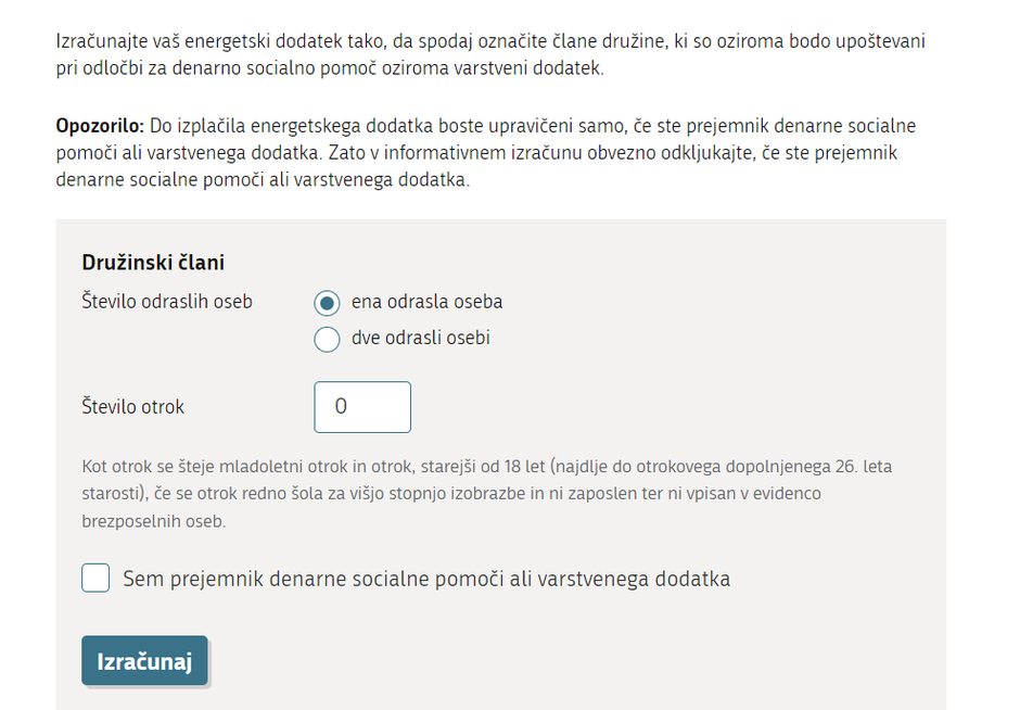Kalkulator za izračun energetskega dodatka | Avtor: Posnetek zaslona: gov.si