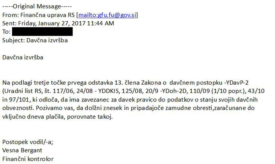 Lažno sporočilo Furs | Avtor: FURS