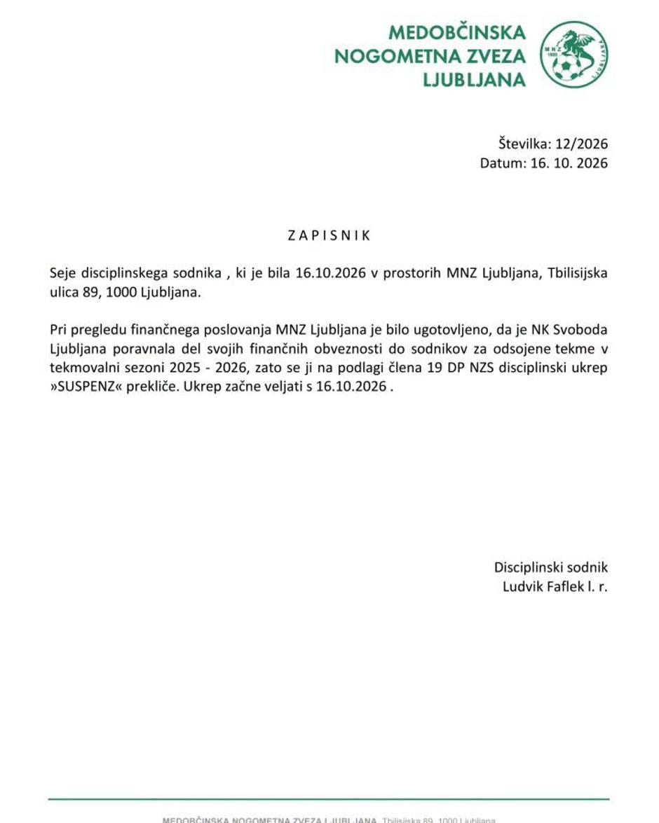 zapisnik suspenz NK Svoboda Ljubljana MNZLJ | Avtor: MNZ Ljubljana