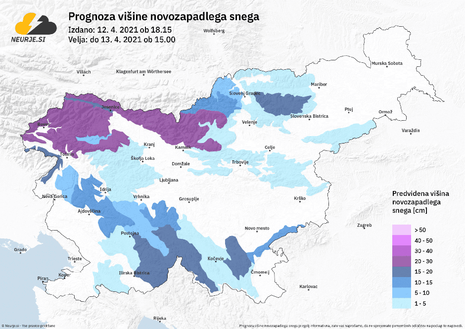 Prognoza višine novozapadlega snega | Avtor: Neurje.si