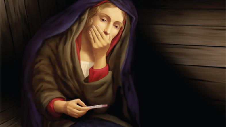 Devica Marija z testom za ugotavljanje nosečnosti.