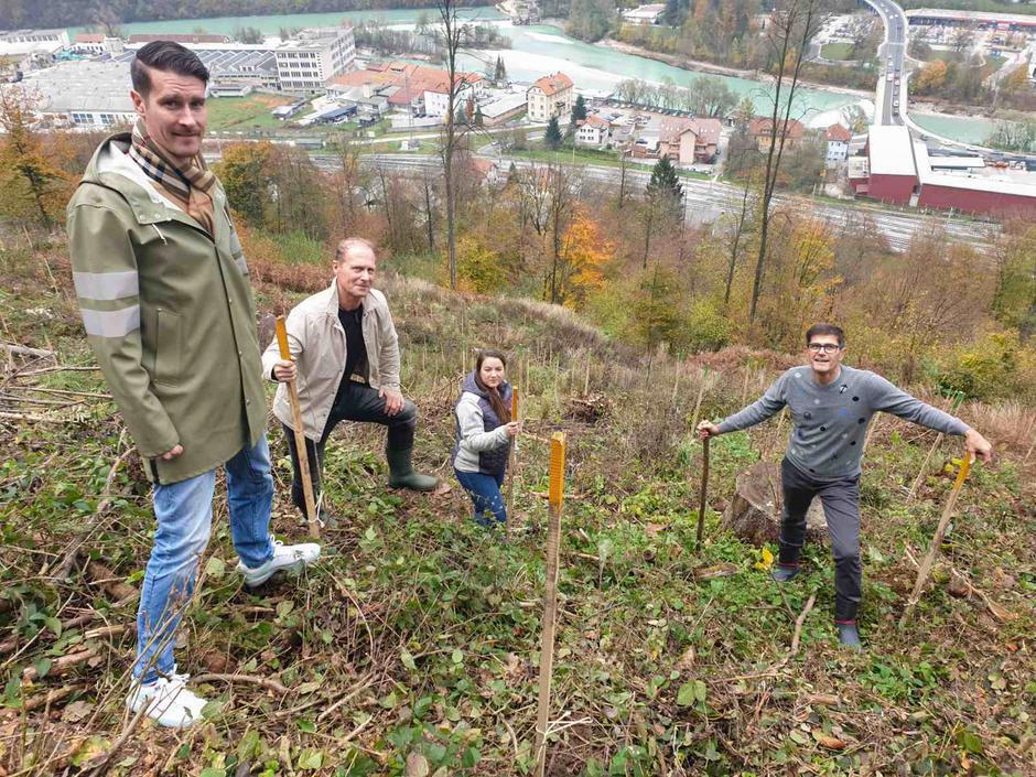 Zasaditev dreves na pobočju Šmarjetne gore, z leve proti desni podžupan MOK Janez Černe, predsednik Krajevne skupnosti Gorenja Sava Roman Perne, podžupanja MOK Manja Zorko in župan MOK Matjaž Rakovec. | Avtor: arhiv Mestna občina Kranj