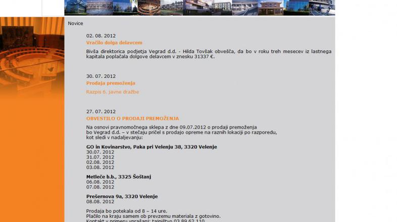 Zapis na spletni strani Vegrada.