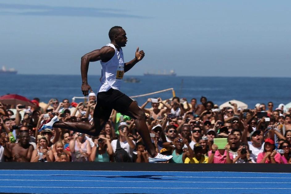 Bolt Copacabana Rio de Janeiro plaža Brazilija ekshibicija tek sprint