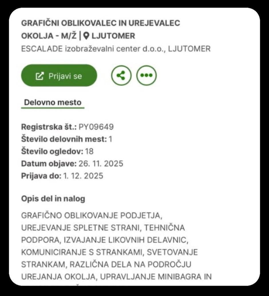 Oglas za delo | Avtor: posnetek zaslona