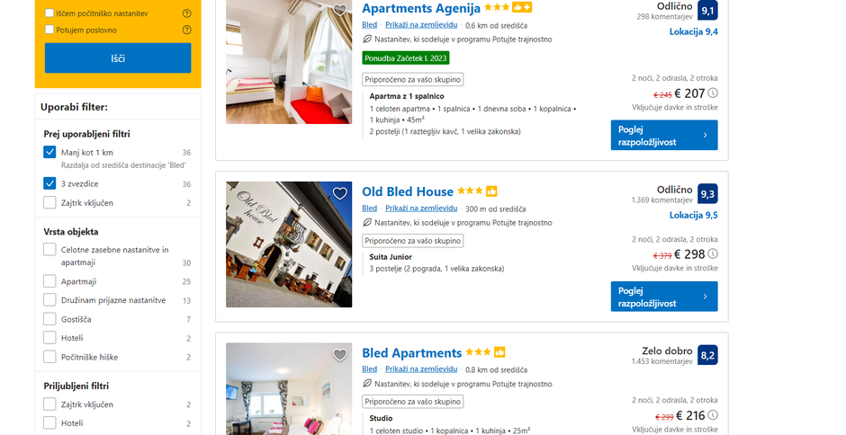 namestitve Bled | Avtor: zajem zaslona Booking.com